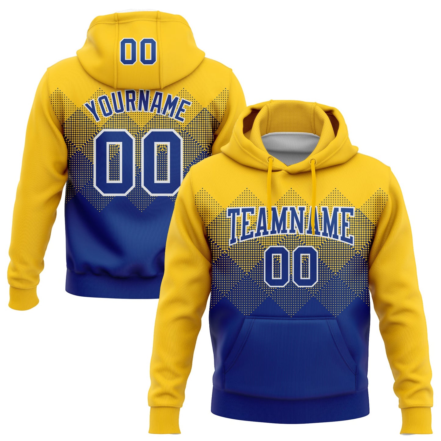 Custom Stitched Yellow Royal-White 3D Pattern Design Gradient Square Shape Sports Pullover Sweatshirt Hoodie - Main View