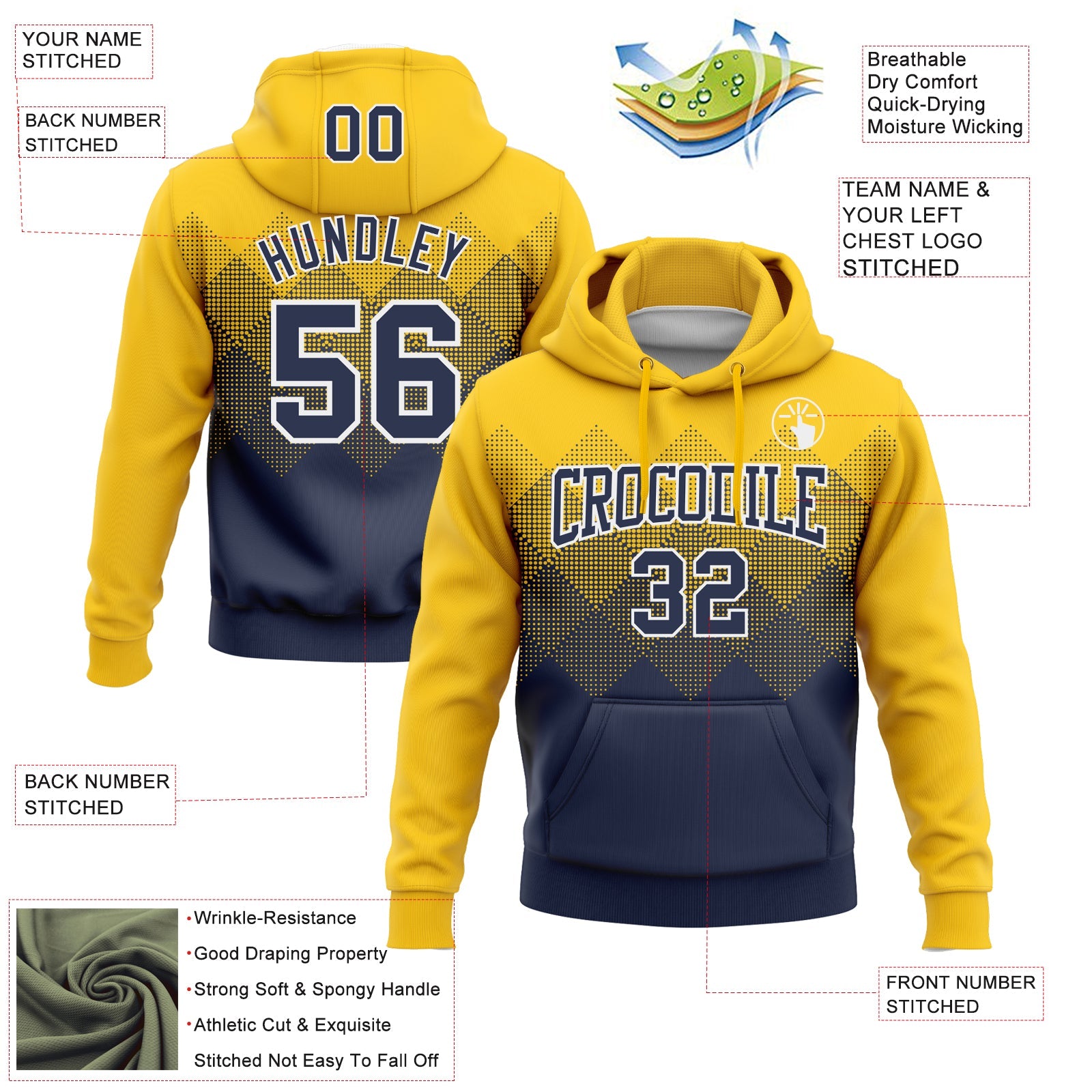 Custom Stitched Yellow Navy-White 3D Pattern Design Gradient Square Shape Sports Pullover Sweatshirt Hoodie view 2