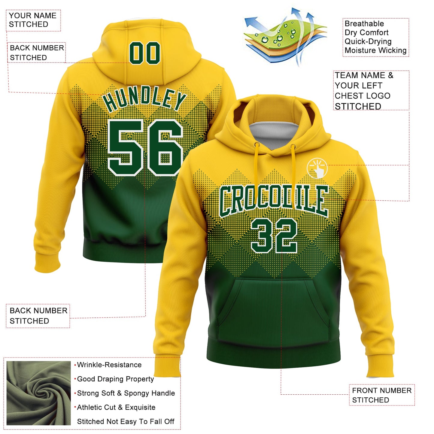 Custom Stitched Yellow Green-White 3D Pattern Design Gradient Square Shape Sports Pullover Sweatshirt Hoodie view 2