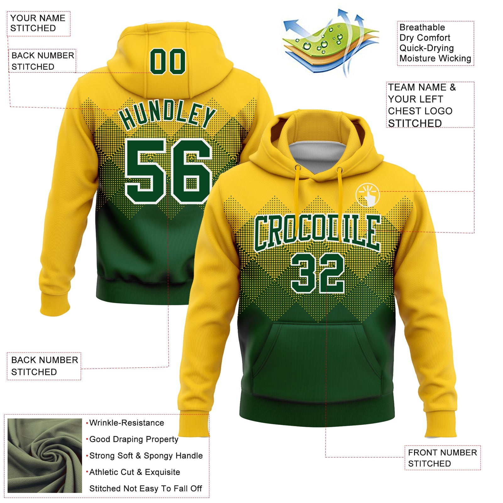 Custom Stitched Yellow Green-White 3D Pattern Design Gradient Square Shape Sports Pullover Sweatshirt Hoodie view 2