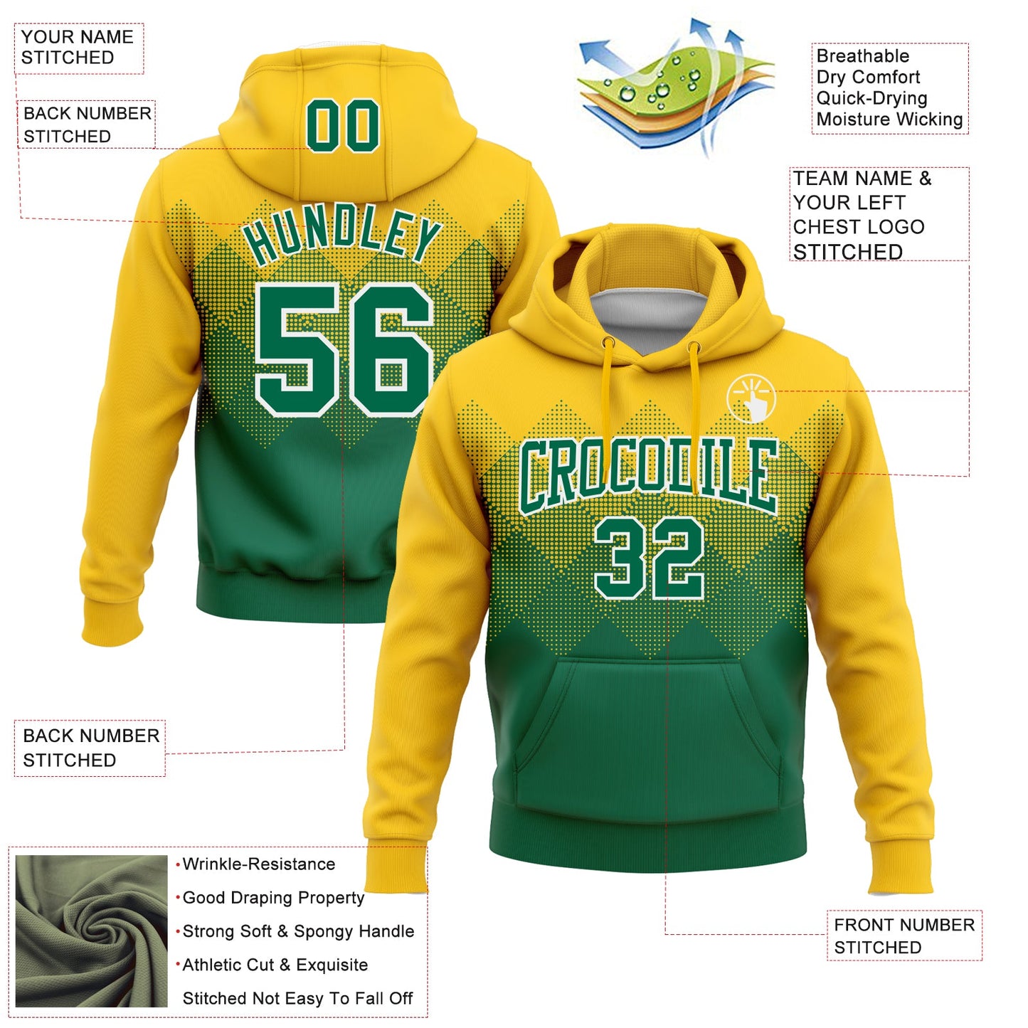 Custom Stitched Yellow Kelly Green-White 3D Pattern Design Gradient Square Shape Sports Pullover Sweatshirt Hoodie view 2