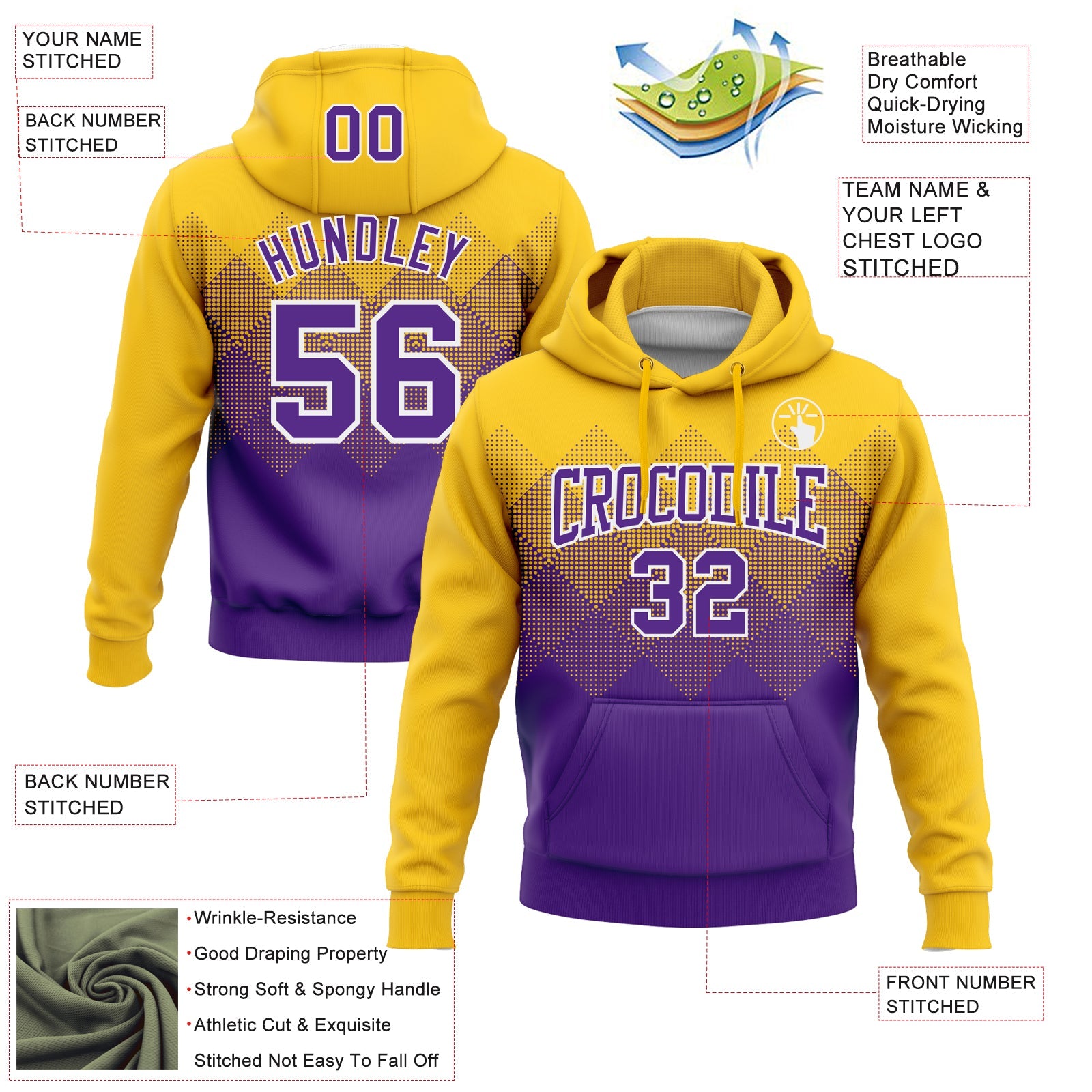 Custom Stitched Yellow Purple-White 3D Pattern Design Gradient Square Shape Sports Pullover Sweatshirt Hoodie view 2