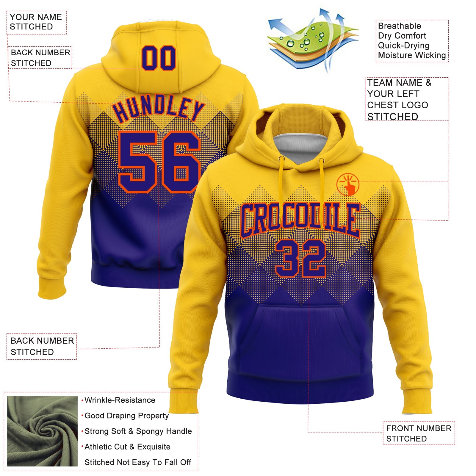 Custom Stitched Yellow Dark Purple-Orange 3D Pattern Design Gradient Square Shape Sports Pullover Sweatshirt Hoodie view 2