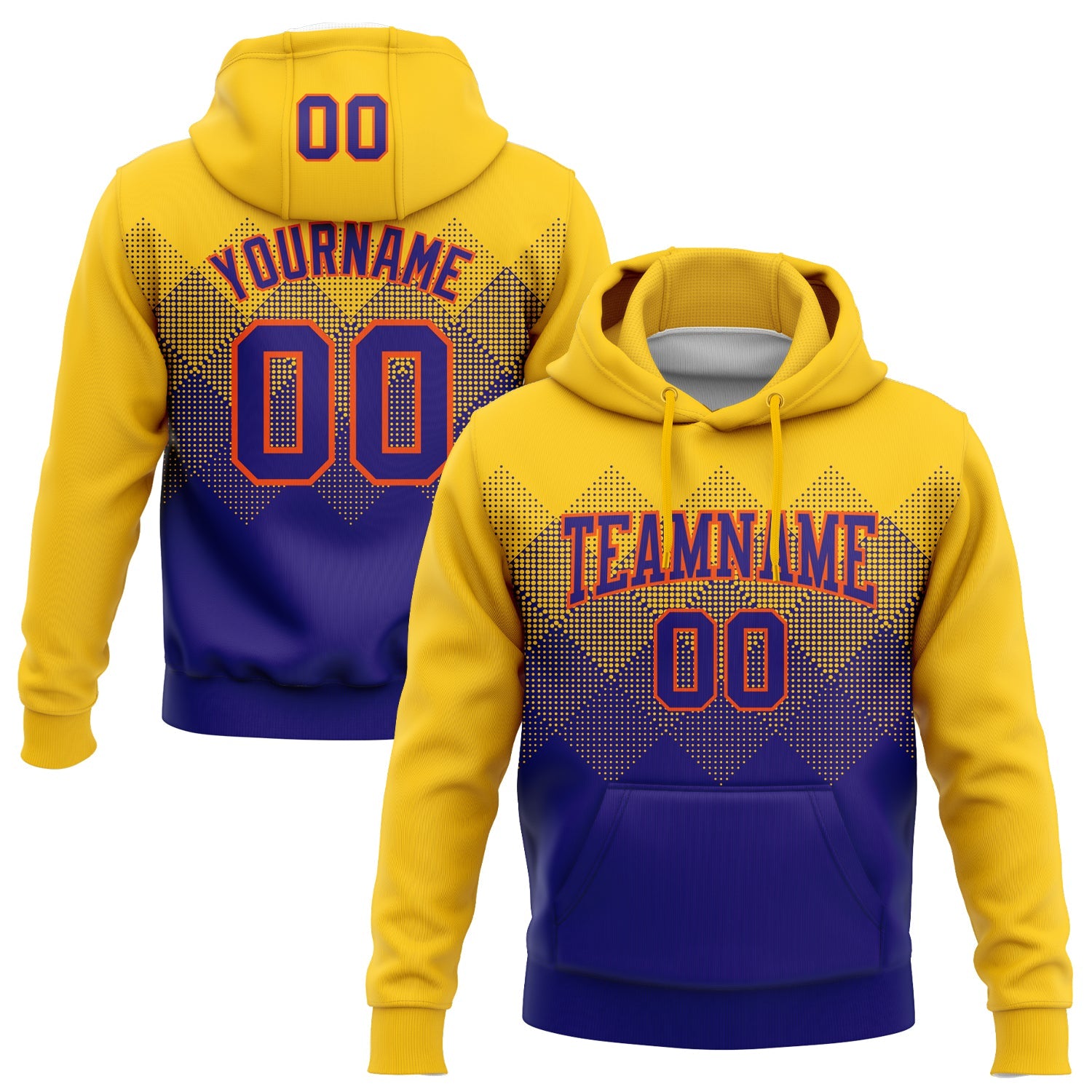 Custom Stitched Yellow Dark Purple-Orange 3D Pattern Design Gradient Square Shape Sports Pullover Sweatshirt Hoodie - Main View