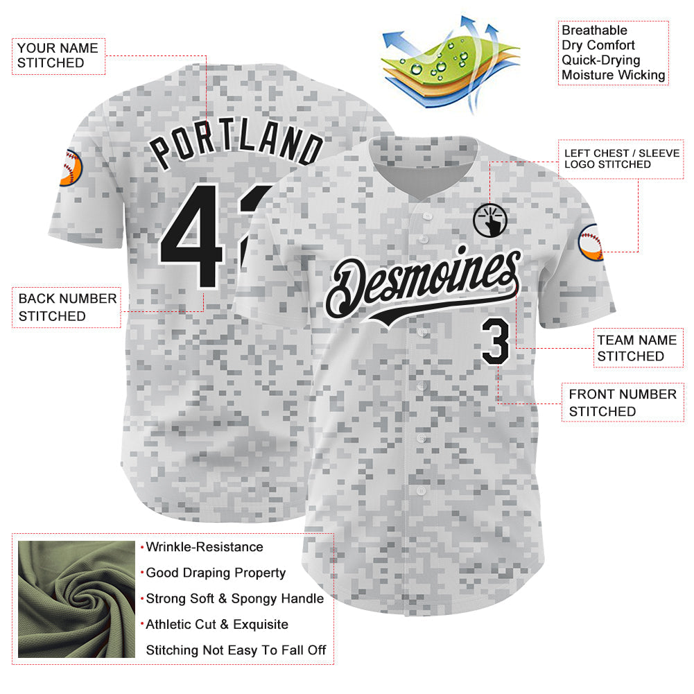 Custom Camo Black-White 3D Arctic Camouflage Authentic Baseball Jersey view 3