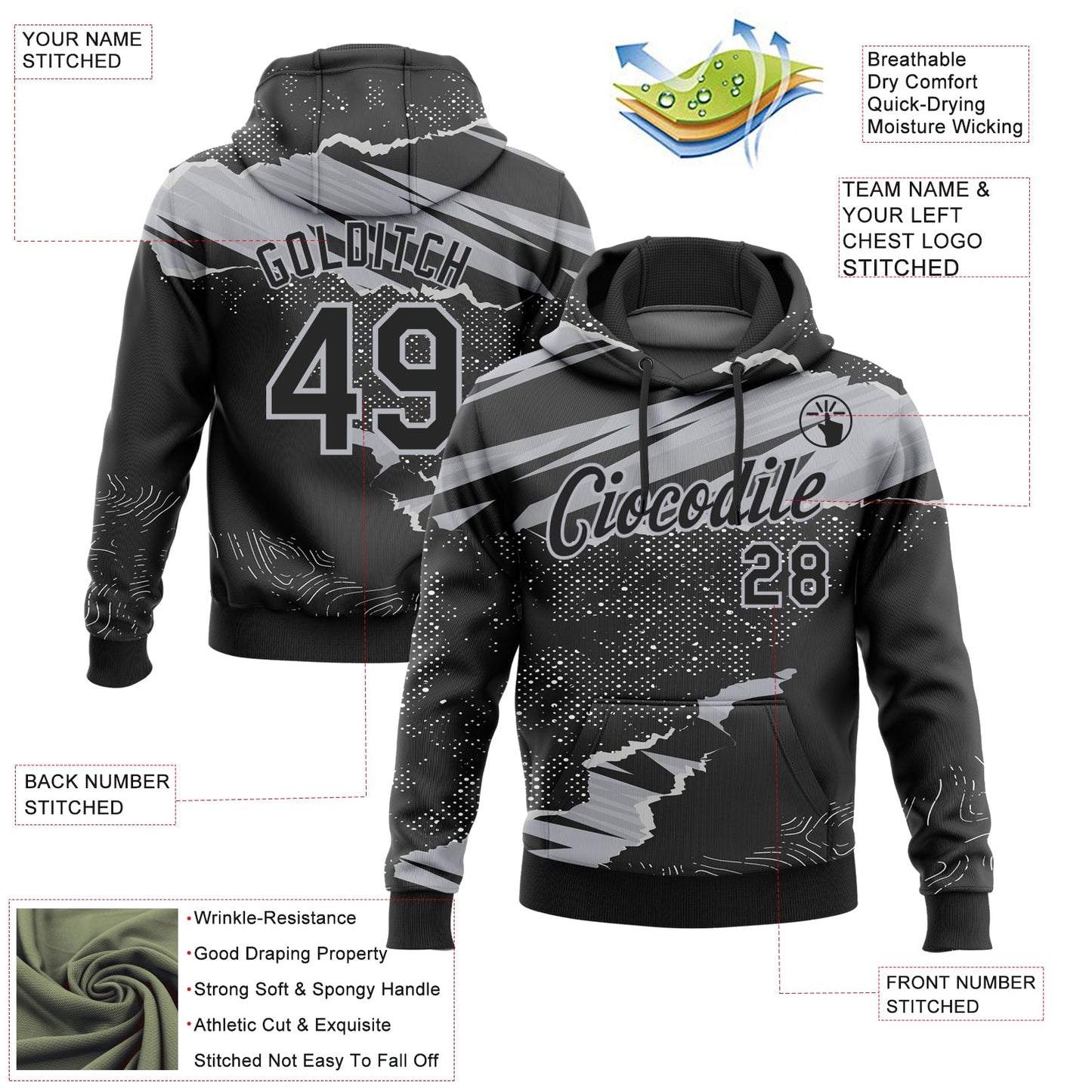 Custom Stitched Black Gray 3D Pattern Design Torn Paper Style Sports Pullover Sweatshirt Hoodie view 2