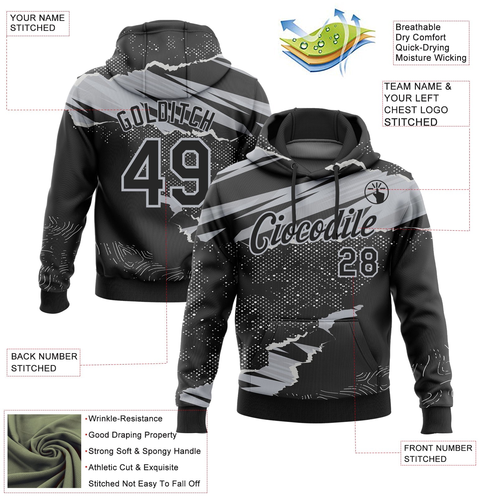 Custom Stitched Black Gray 3D Pattern Design Torn Paper Style Sports Pullover Sweatshirt Hoodie view 2