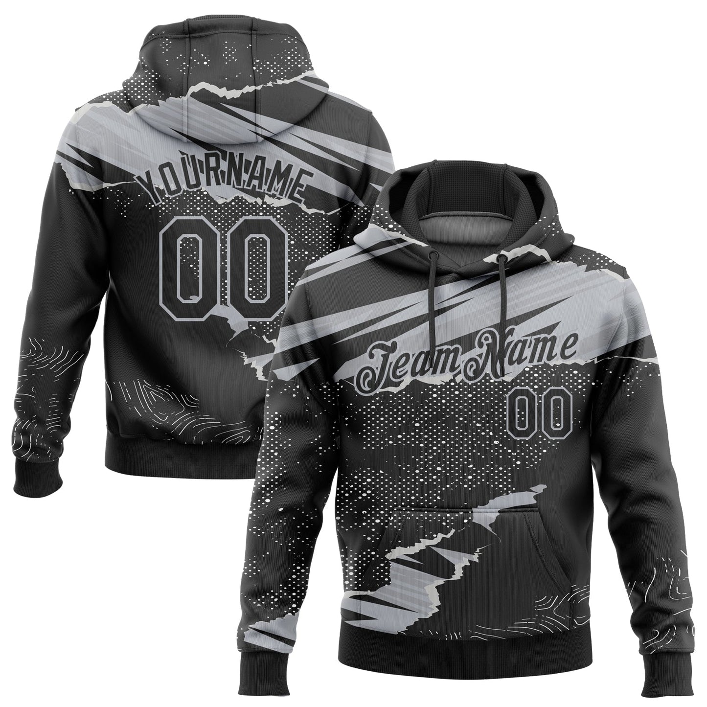 Custom Stitched Black Gray 3D Pattern Design Torn Paper Style Sports Pullover Sweatshirt Hoodie - Main View