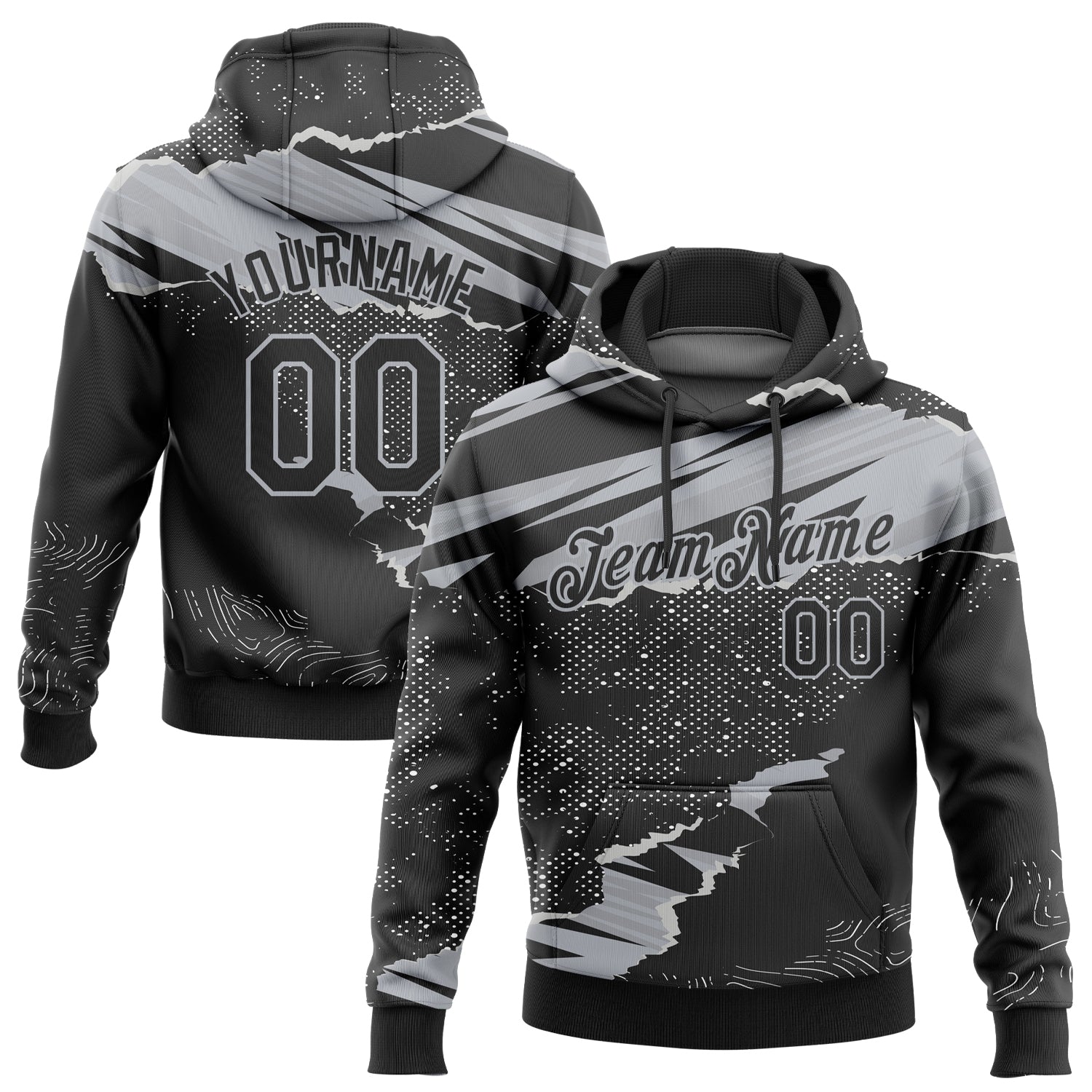Custom Stitched Black Gray 3D Pattern Design Torn Paper Style Sports Pullover Sweatshirt Hoodie - Main View