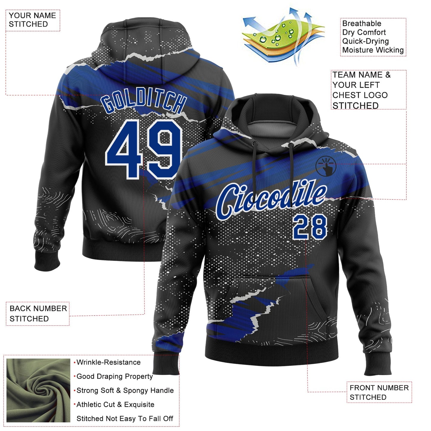 Custom Stitched Black Royal-White 3D Pattern Design Torn Paper Style Sports Pullover Sweatshirt Hoodie view 2