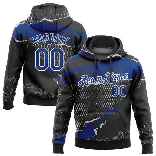 Custom Stitched Black Royal-White 3D Pattern Design Torn Paper Style Sports Pullover Sweatshirt Hoodie - Main View