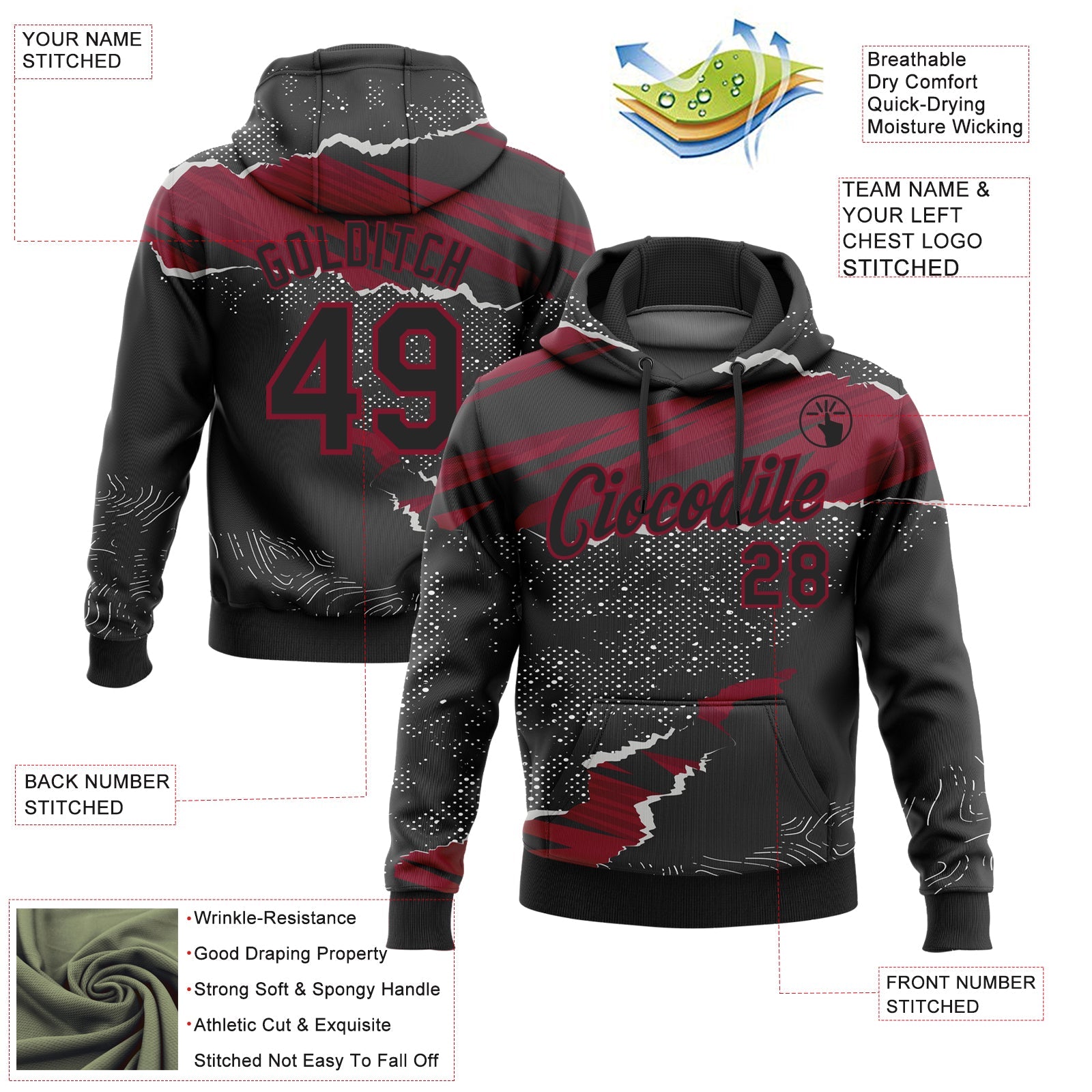 Custom Stitched Black Crimson 3D Pattern Design Torn Paper Style Sports Pullover Sweatshirt Hoodie view 2