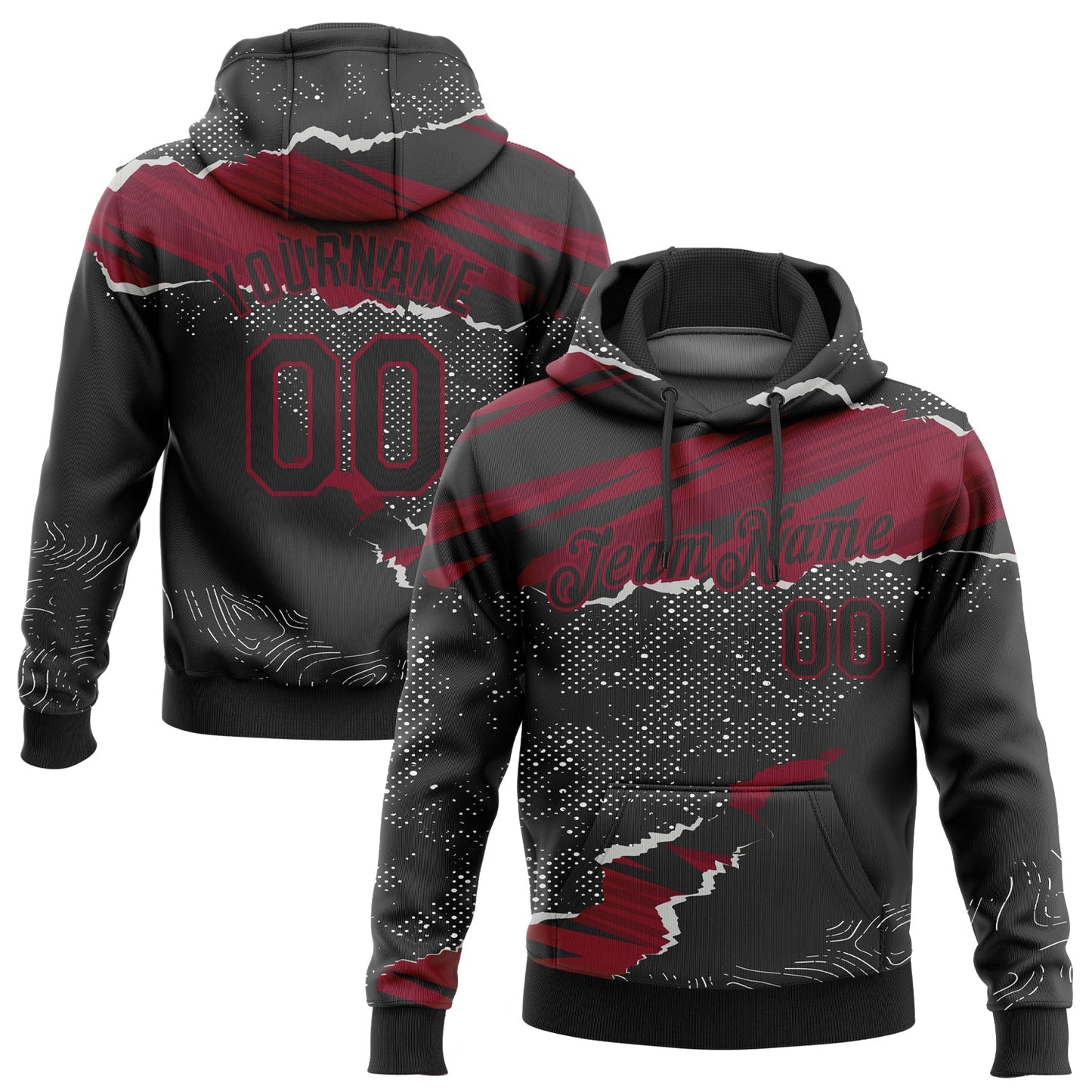 Custom Stitched Black Crimson 3D Pattern Design Torn Paper Style Sports Pullover Sweatshirt Hoodie - Main View