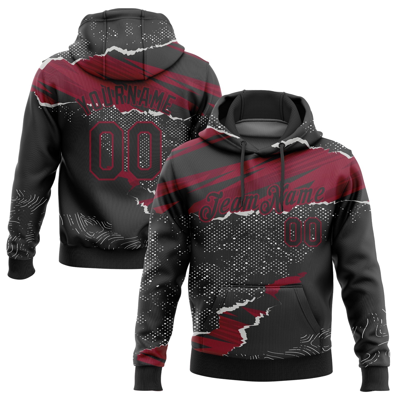 Custom Stitched Black Crimson 3D Pattern Design Torn Paper Style Sports Pullover Sweatshirt Hoodie - Main View