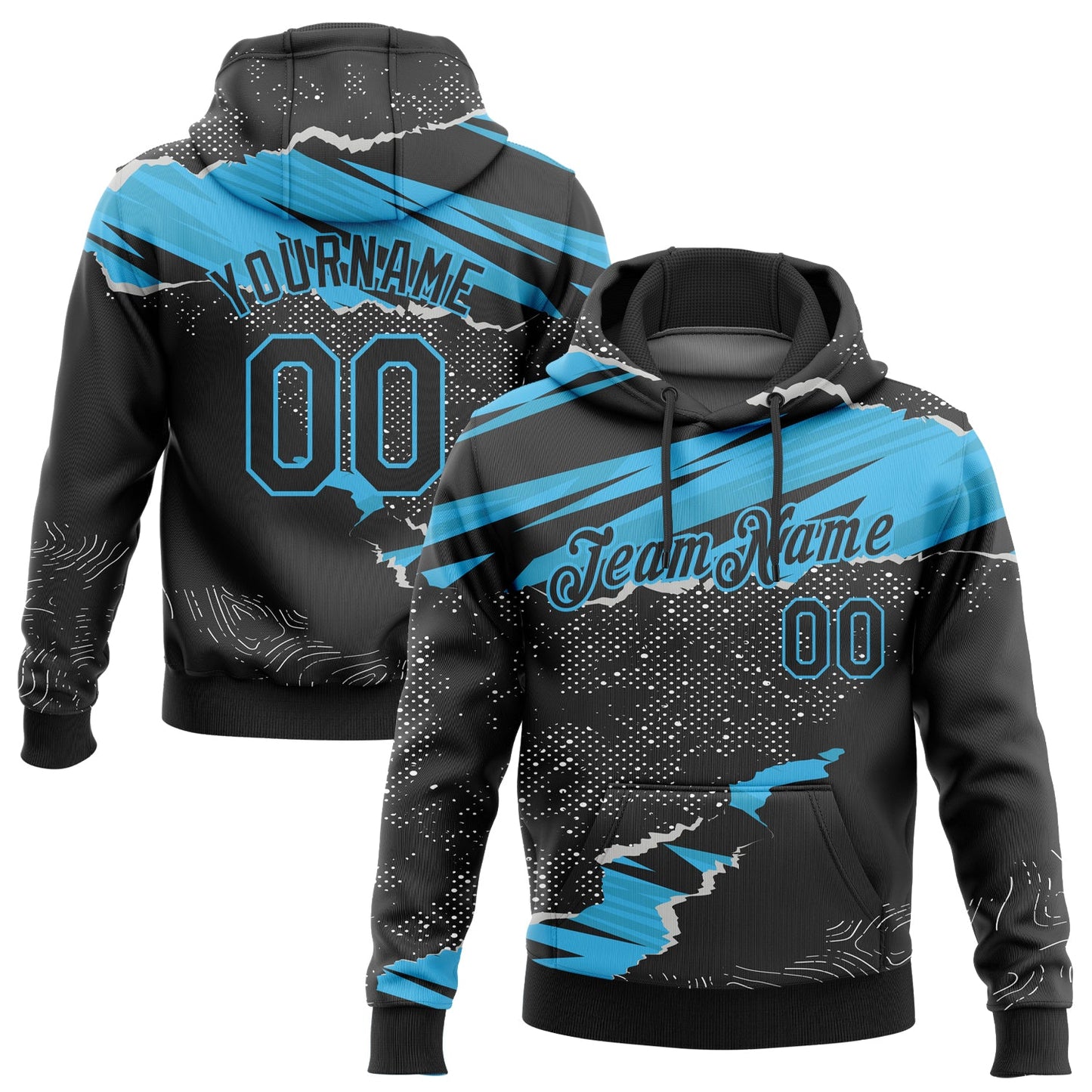 Custom Stitched Black Sky Blue 3D Pattern Design Torn Paper Style Sports Pullover Sweatshirt Hoodie - Main View
