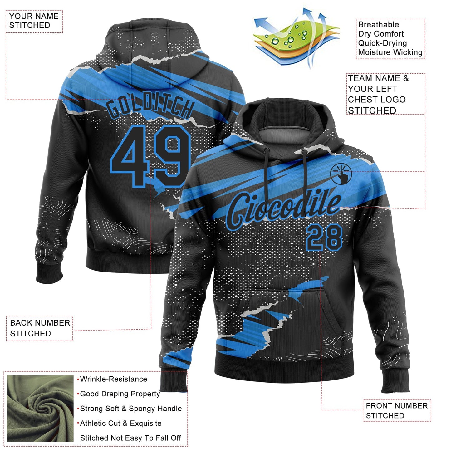 Custom Stitched Black Powder Blue 3D Pattern Design Torn Paper Style Sports Pullover Sweatshirt Hoodie view 2