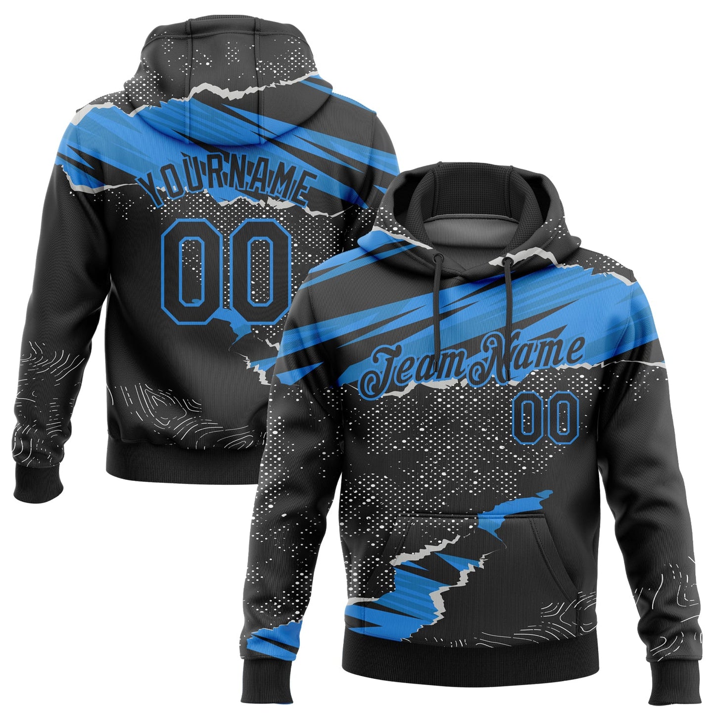 Custom Stitched Black Powder Blue 3D Pattern Design Torn Paper Style Sports Pullover Sweatshirt Hoodie - Main View