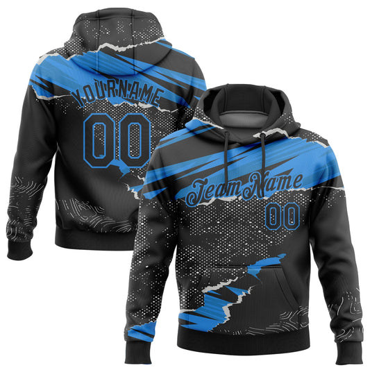 Custom Stitched Black Powder Blue 3D Pattern Design Torn Paper Style Sports Pullover Sweatshirt Hoodie - Main View