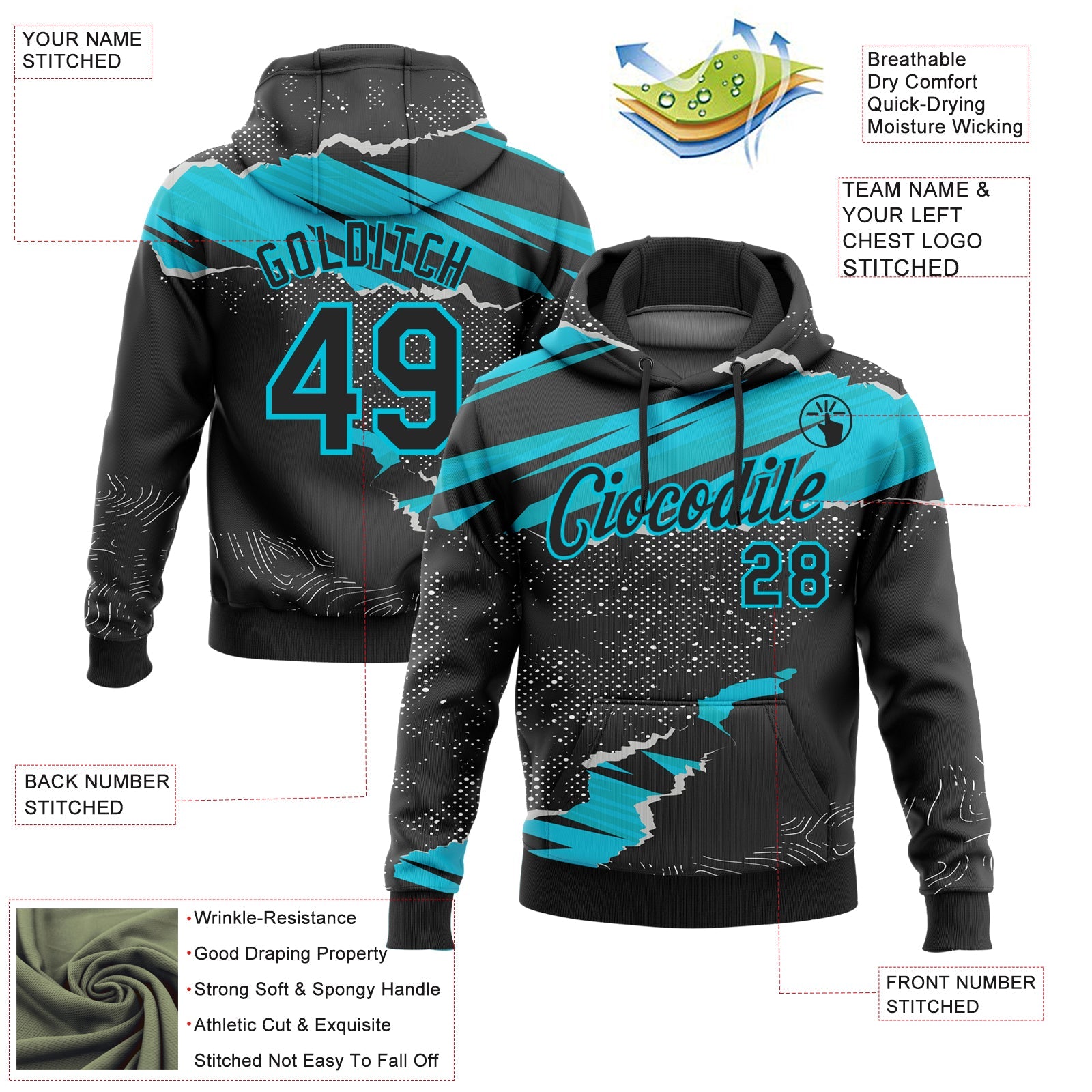 Custom Stitched Black Lakes Blue 3D Pattern Design Torn Paper Style Sports Pullover Sweatshirt Hoodie view 2