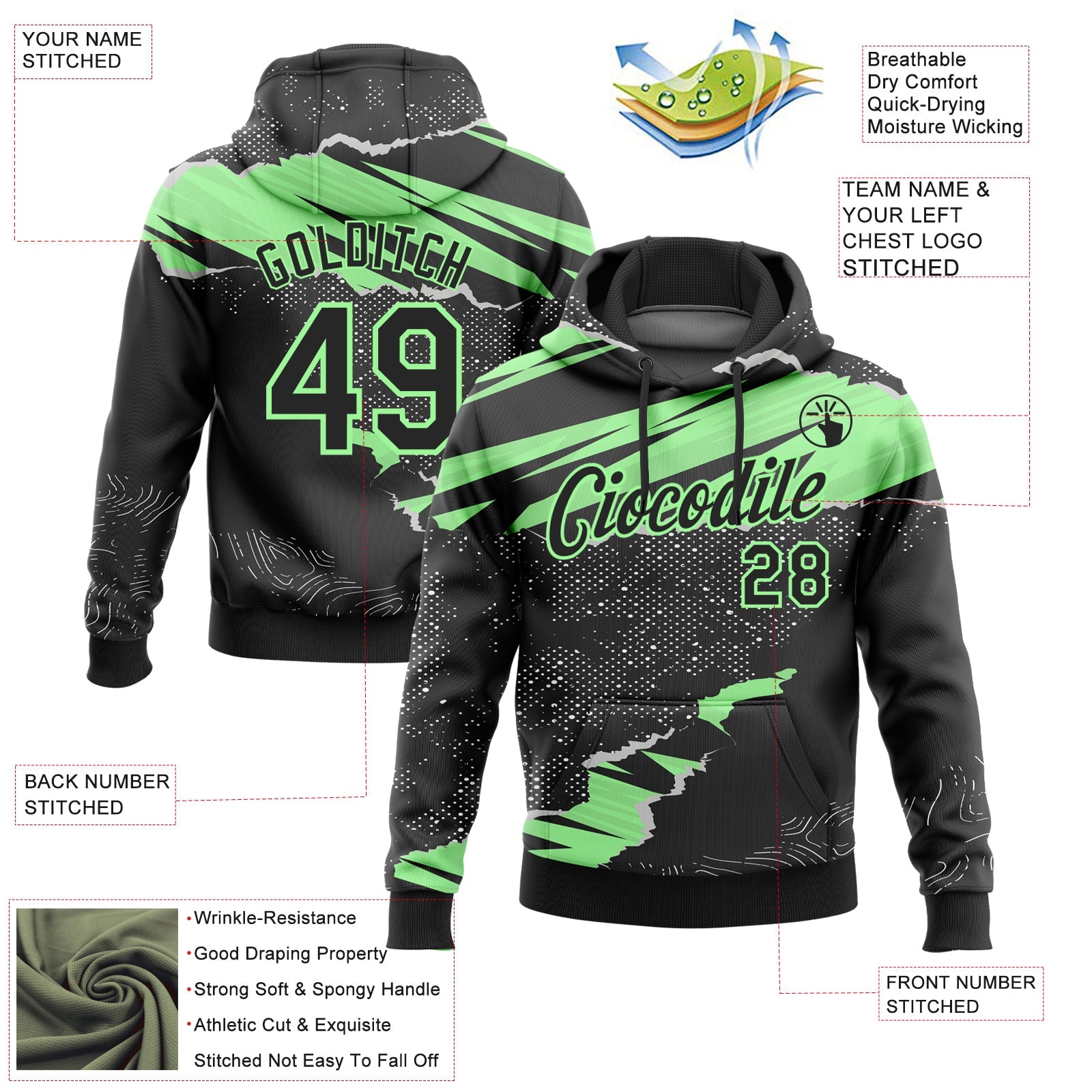 Custom Stitched Black Pea Green 3D Pattern Design Torn Paper Style Sports Pullover Sweatshirt Hoodie view 2