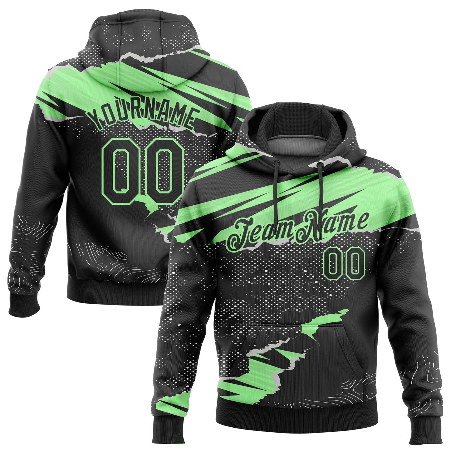 Custom Stitched Black Pea Green 3D Pattern Design Torn Paper Style Sports Pullover Sweatshirt Hoodie - Main View