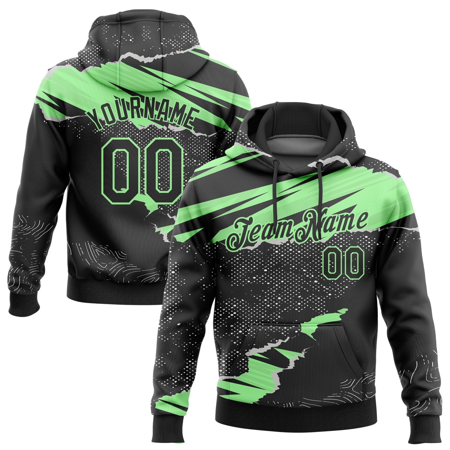 Custom Stitched Black Pea Green 3D Pattern Design Torn Paper Style Sports Pullover Sweatshirt Hoodie - Main View