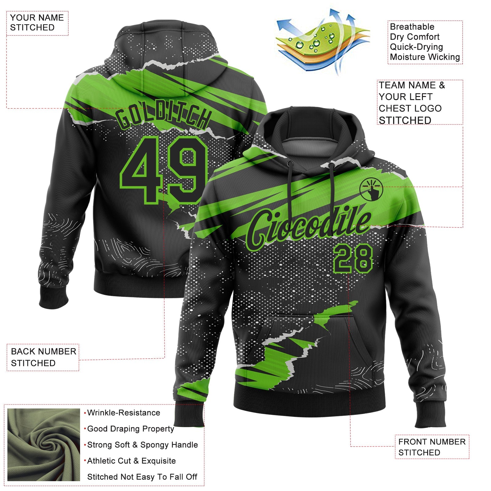 Custom Stitched Black Aurora Green 3D Pattern Design Torn Paper Style Sports Pullover Sweatshirt Hoodie view 2