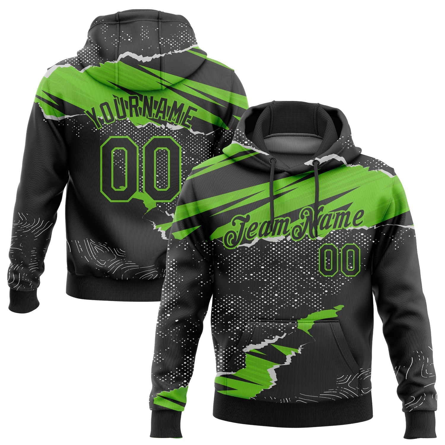 Custom Stitched Black Aurora Green 3D Pattern Design Torn Paper Style Sports Pullover Sweatshirt Hoodie - Main View