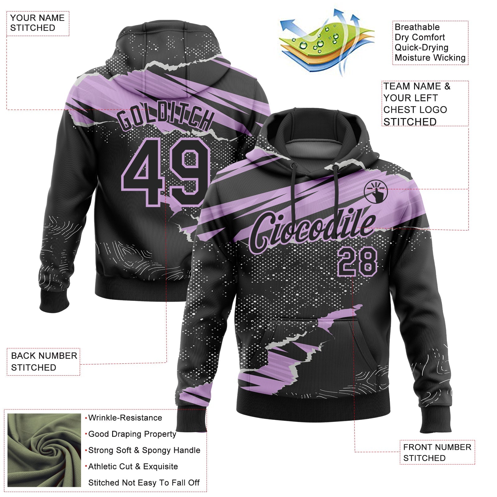 Custom Stitched Black Light Purple 3D Pattern Design Torn Paper Style Sports Pullover Sweatshirt Hoodie view 2