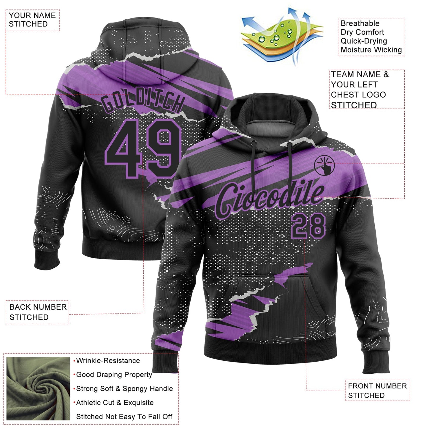 Custom Stitched Black Medium Purple 3D Pattern Design Torn Paper Style Sports Pullover Sweatshirt Hoodie view 2