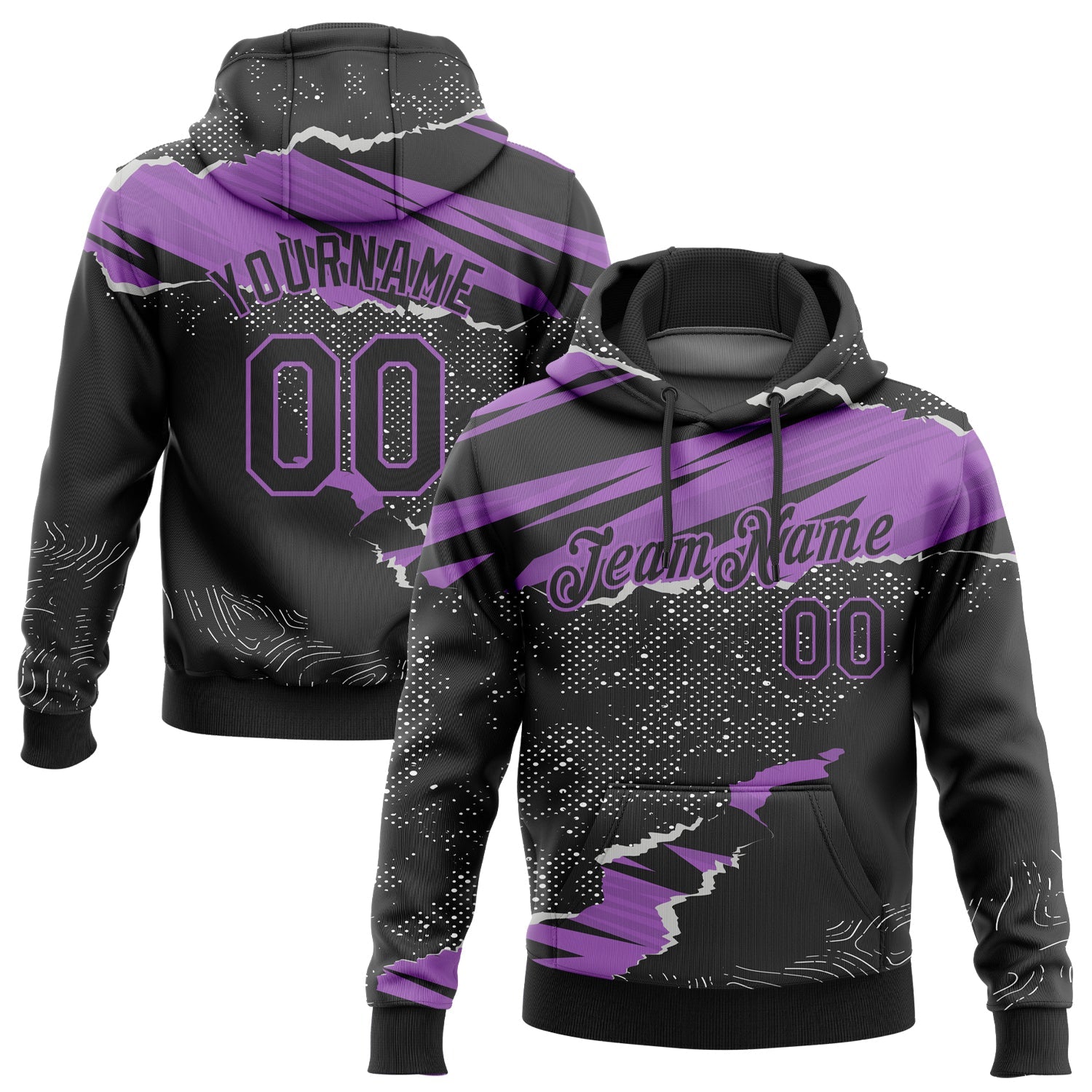 Custom Stitched Black Medium Purple 3D Pattern Design Torn Paper Style Sports Pullover Sweatshirt Hoodie - Main View