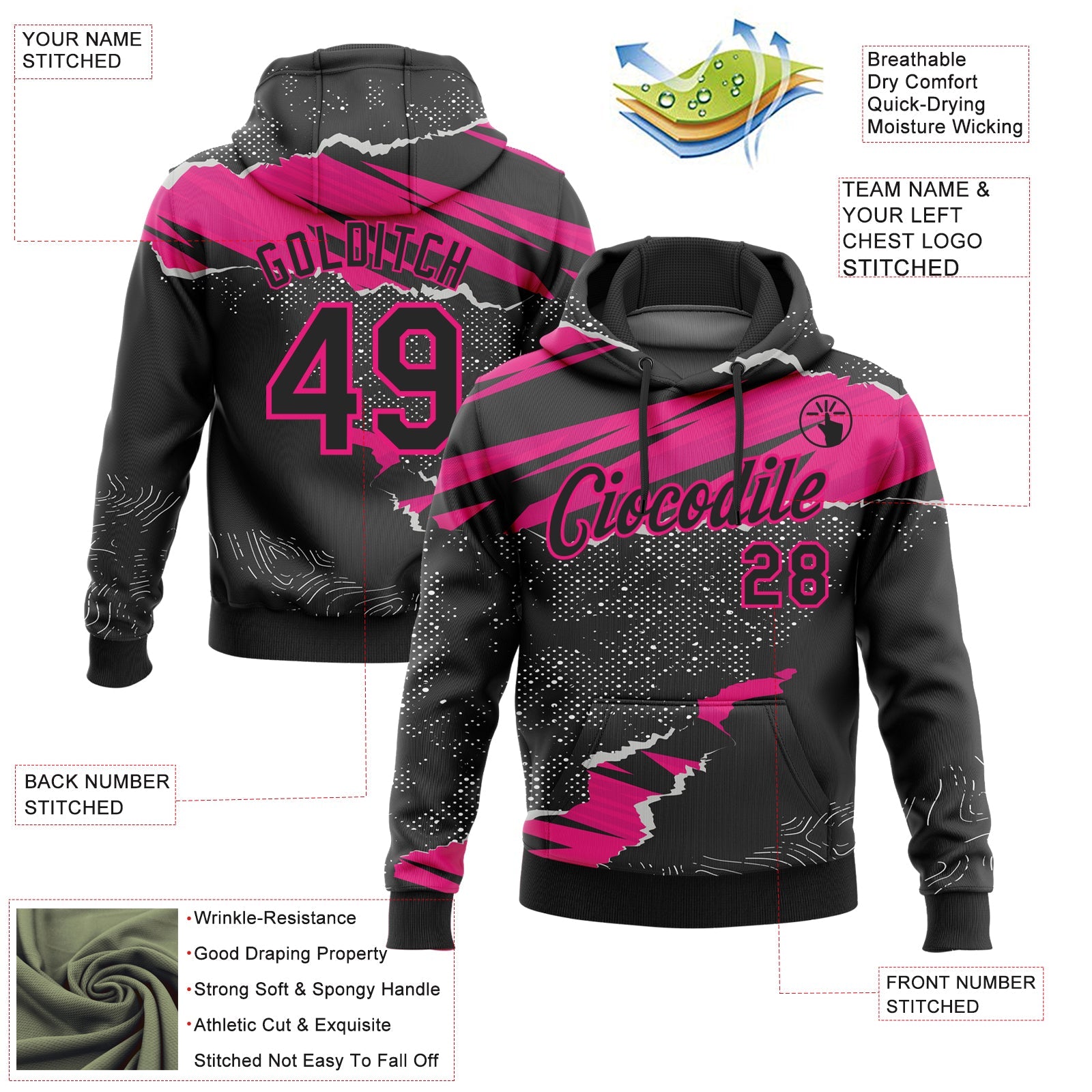 Custom Stitched Black Hot Pink 3D Pattern Design Torn Paper Style Sports Pullover Sweatshirt Hoodie view 2