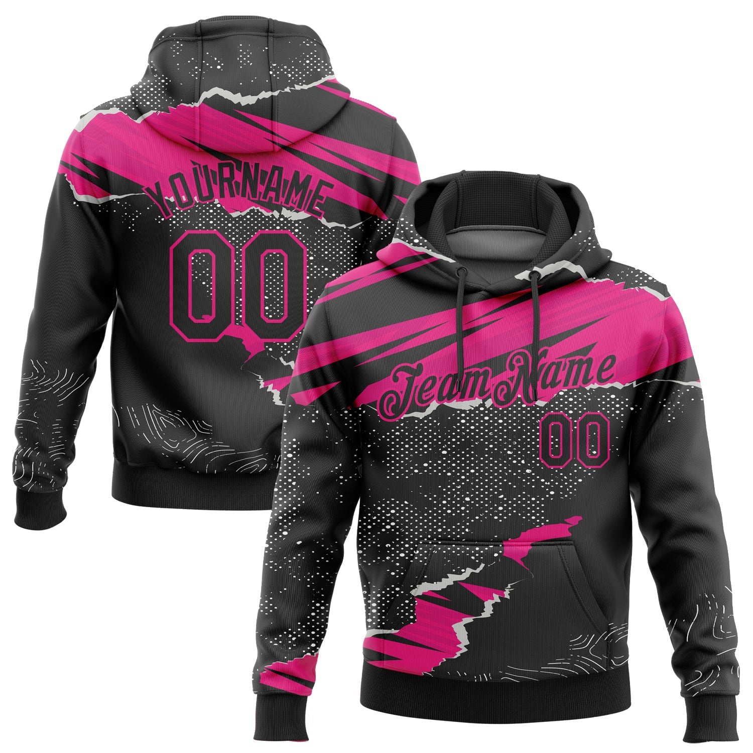 Custom Stitched Black Hot Pink 3D Pattern Design Torn Paper Style Sports Pullover Sweatshirt Hoodie - Main View