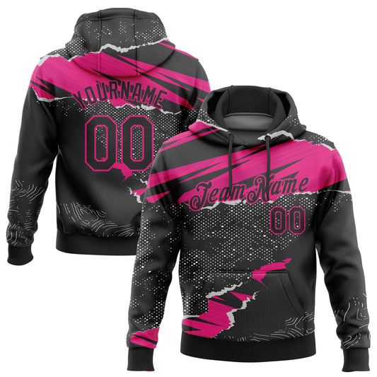 Custom Stitched Black Hot Pink 3D Pattern Design Torn Paper Style Sports Pullover Sweatshirt Hoodie - Main View