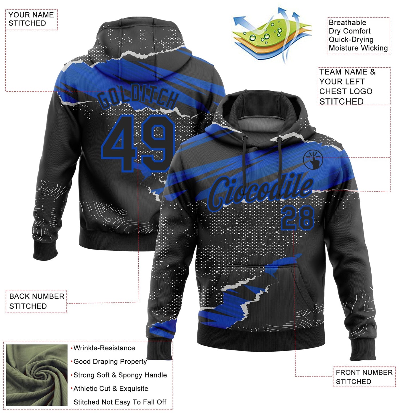 Custom Stitched Black Thunder Blue 3D Pattern Design Torn Paper Style Sports Pullover Sweatshirt Hoodie view 2