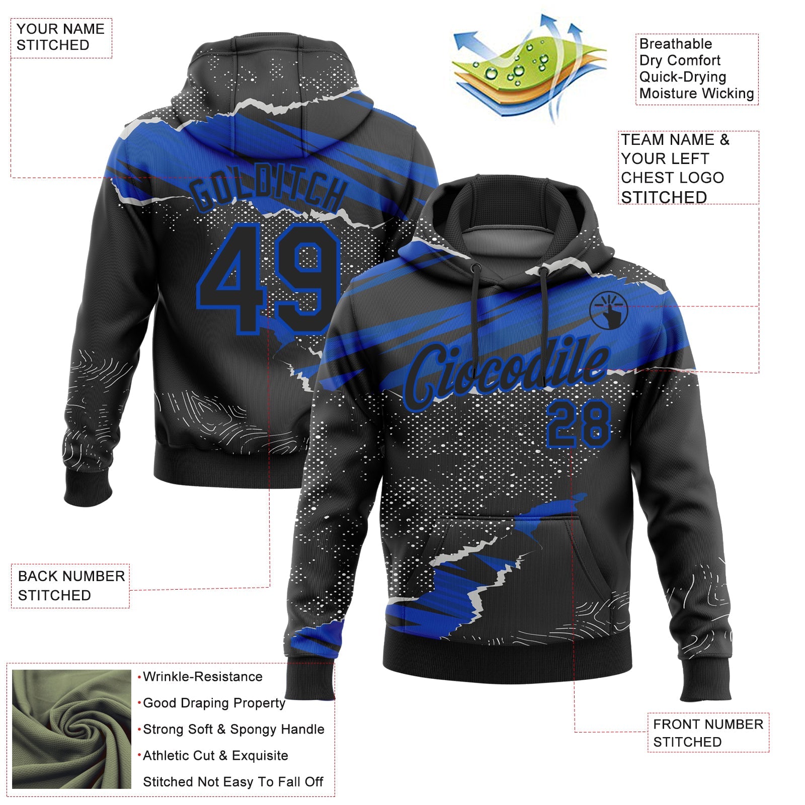 Custom Stitched Black Thunder Blue 3D Pattern Design Torn Paper Style Sports Pullover Sweatshirt Hoodie view 2