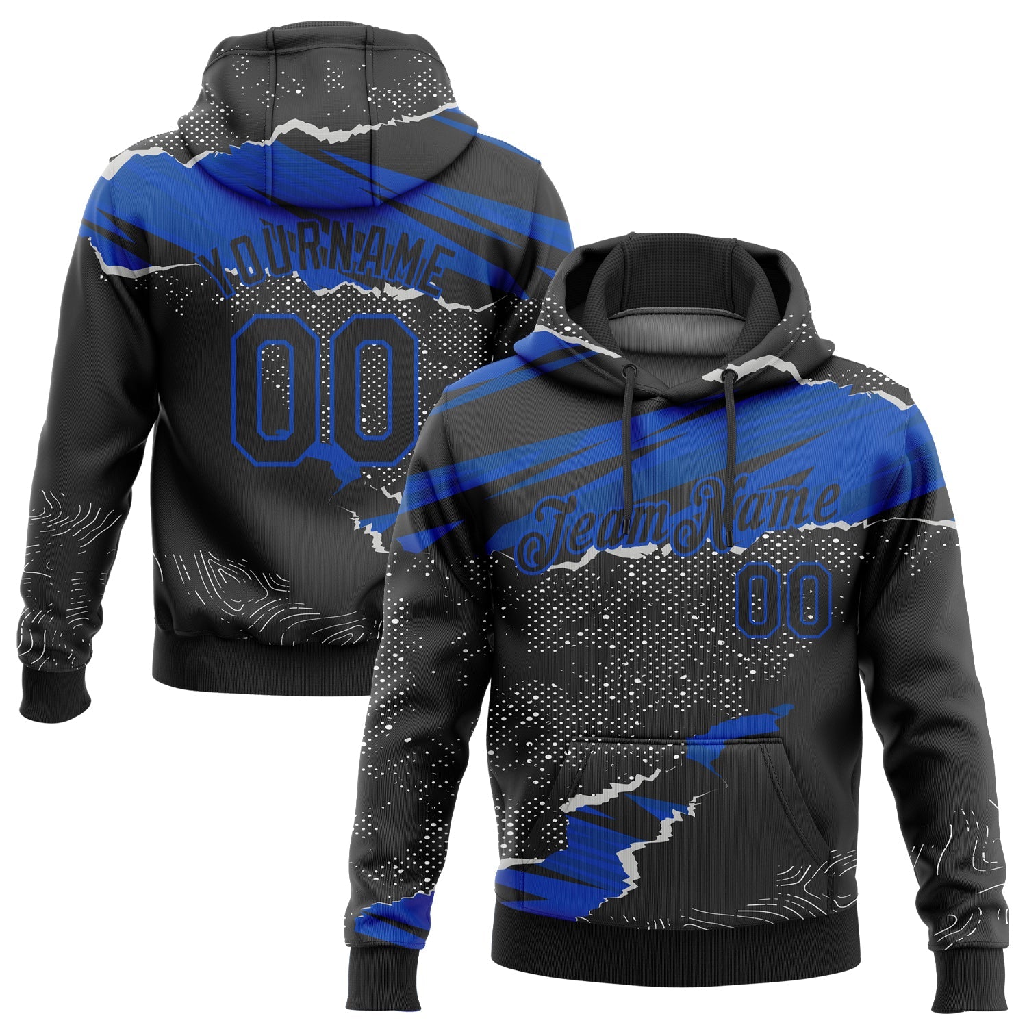 Custom Stitched Black Thunder Blue 3D Pattern Design Torn Paper Style Sports Pullover Sweatshirt Hoodie - Main View