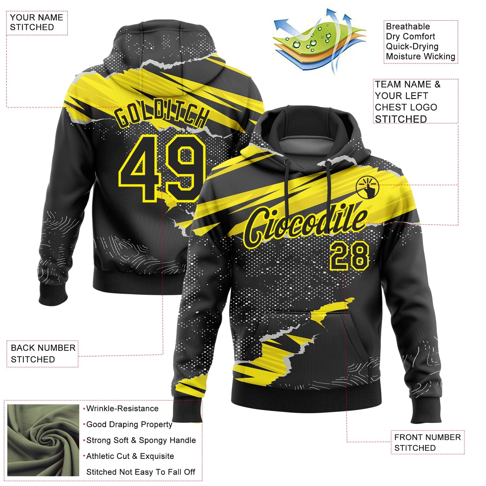 Custom Stitched Black Light Yellow 3D Pattern Design Torn Paper Style Sports Pullover Sweatshirt Hoodie view 2