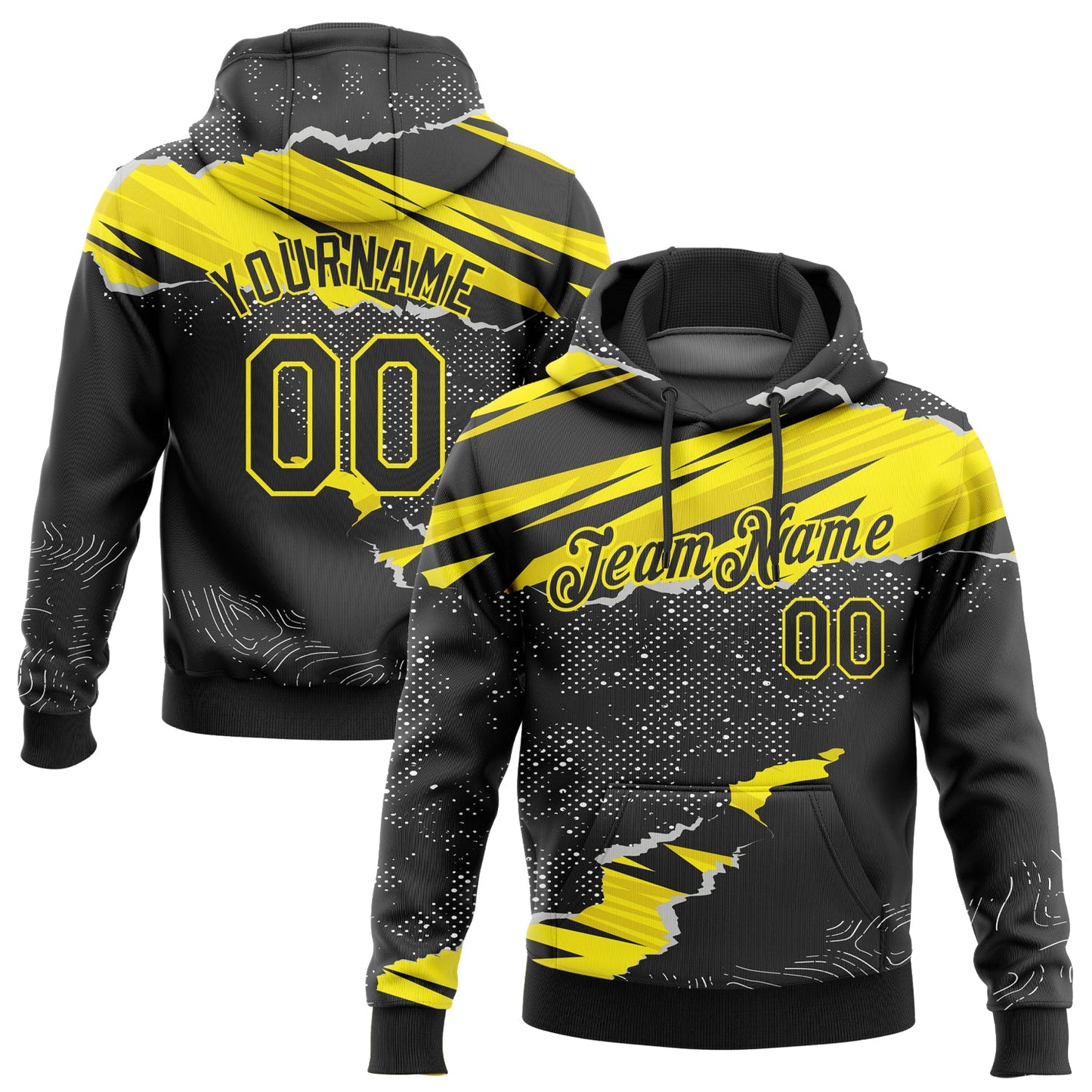 Custom Stitched Black Light Yellow 3D Pattern Design Torn Paper Style Sports Pullover Sweatshirt Hoodie - Main View