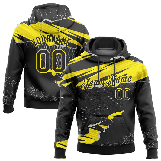 Custom Stitched Black Light Yellow 3D Pattern Design Torn Paper Style Sports Pullover Sweatshirt Hoodie - Main View