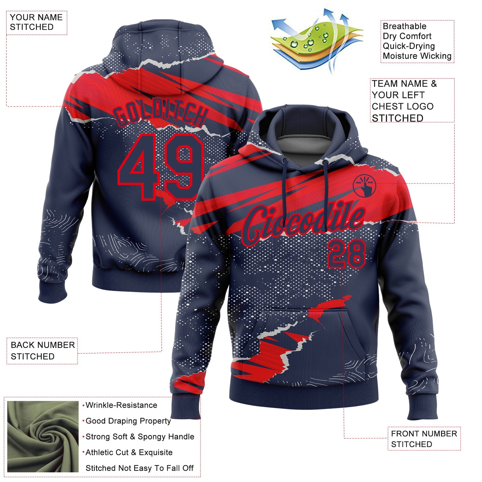 Custom Stitched Navy Fire Red 3D Pattern Design Torn Paper Style Sports Pullover Sweatshirt Hoodie view 2