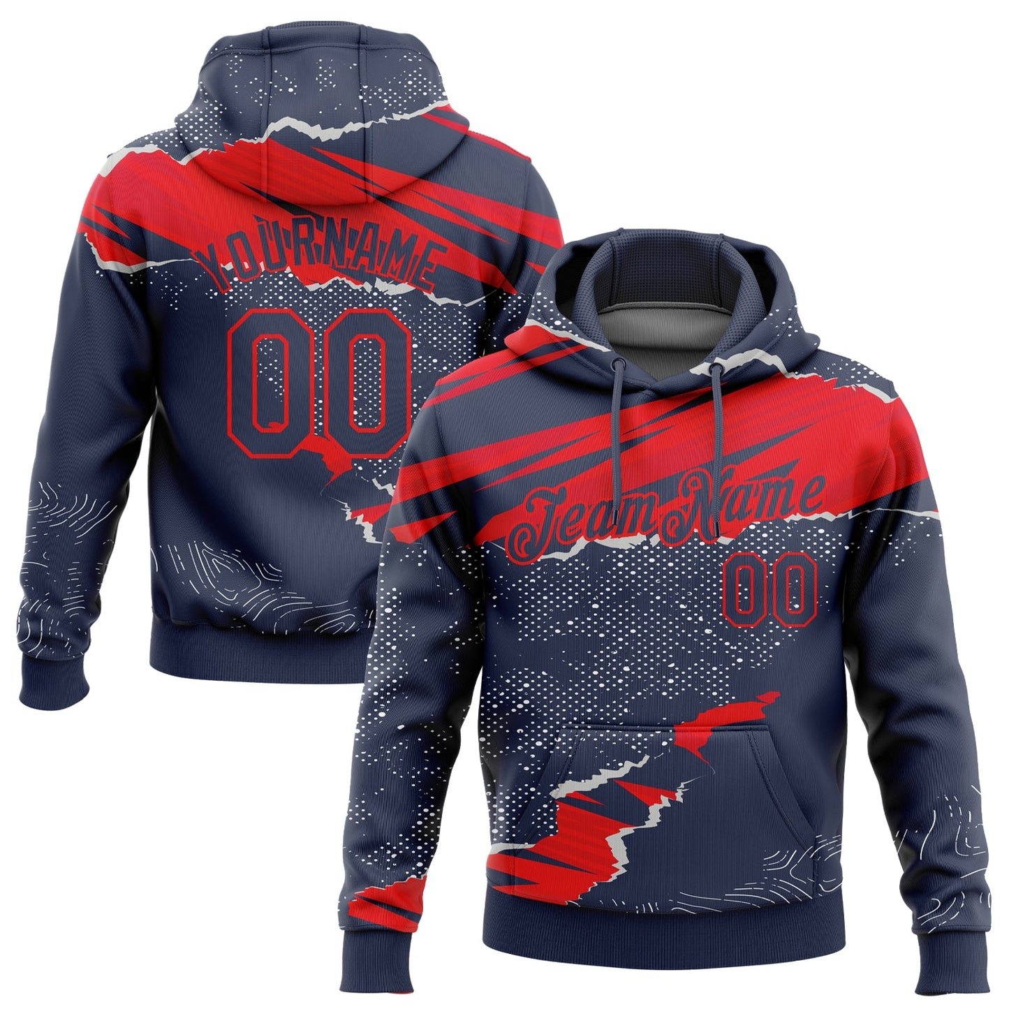 Custom Stitched Navy Fire Red 3D Pattern Design Torn Paper Style Sports Pullover Sweatshirt Hoodie - Main View
