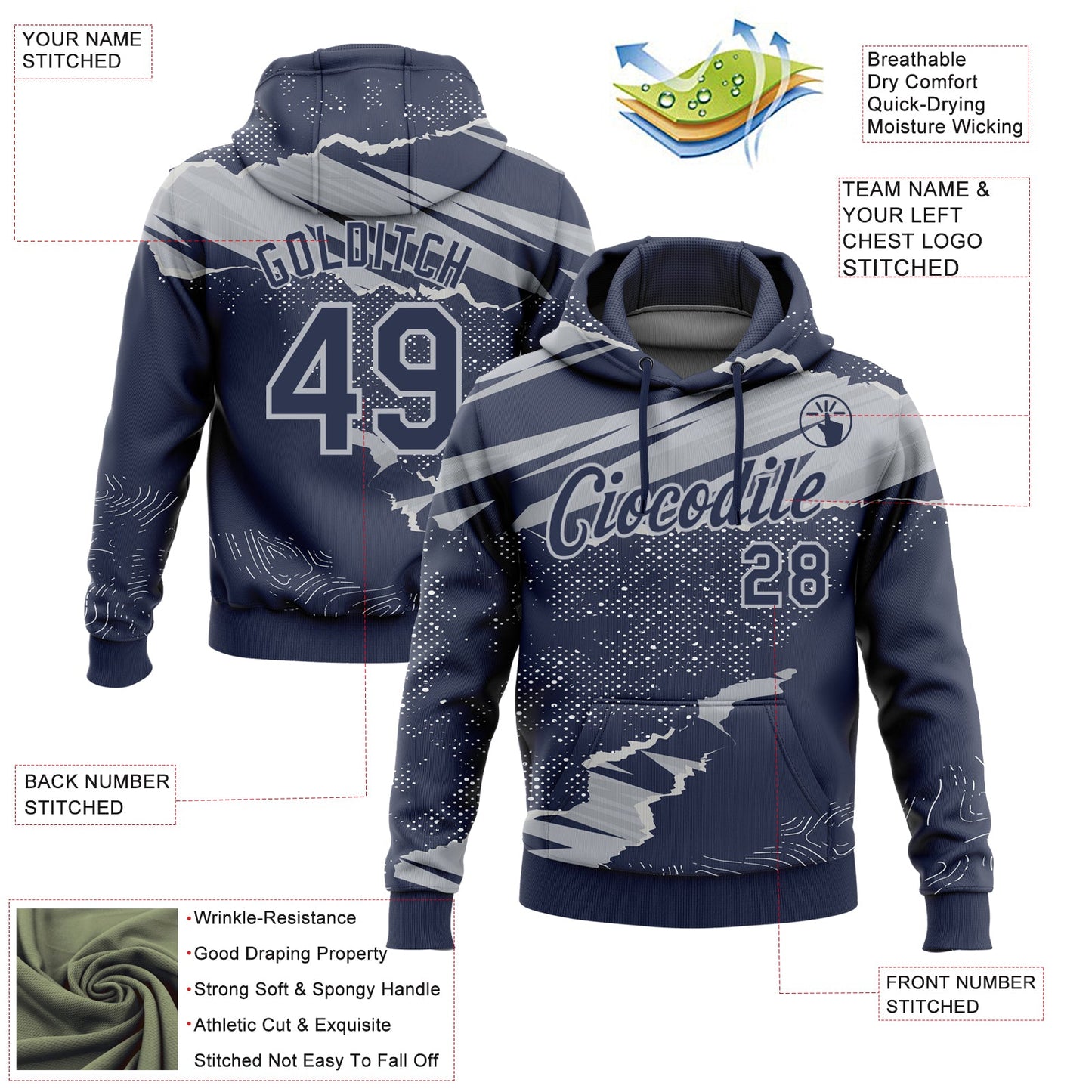 Custom Stitched Navy Gray 3D Pattern Design Torn Paper Style Sports Pullover Sweatshirt Hoodie view 2