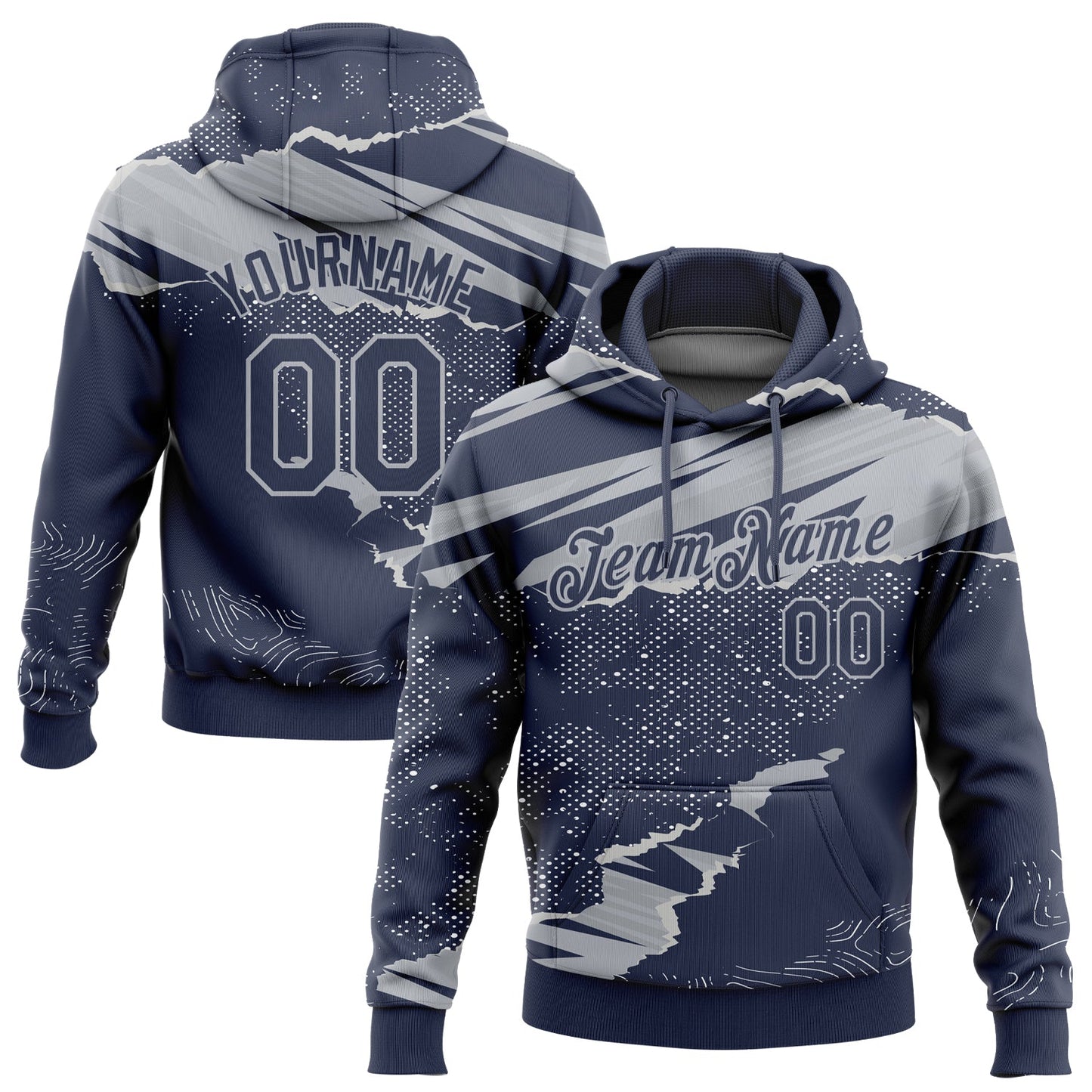 Custom Stitched Navy Gray 3D Pattern Design Torn Paper Style Sports Pullover Sweatshirt Hoodie - Main View