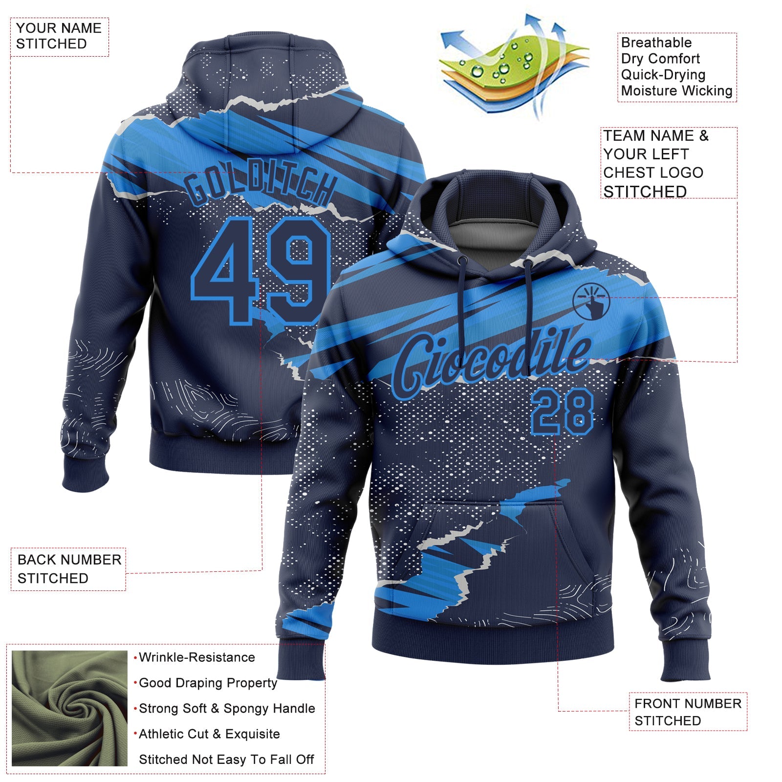 Custom Stitched Navy Powder Blue 3D Pattern Design Torn Paper Style Sports Pullover Sweatshirt Hoodie view 2