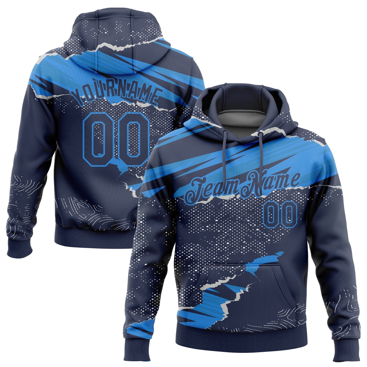 Custom Stitched Navy Powder Blue 3D Pattern Design Torn Paper Style Sports Pullover Sweatshirt Hoodie - Main View