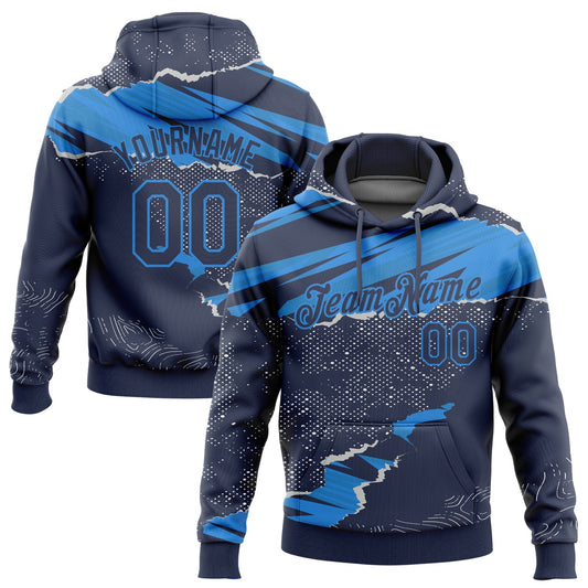Custom Stitched Navy Powder Blue 3D Pattern Design Torn Paper Style Sports Pullover Sweatshirt Hoodie - Main View