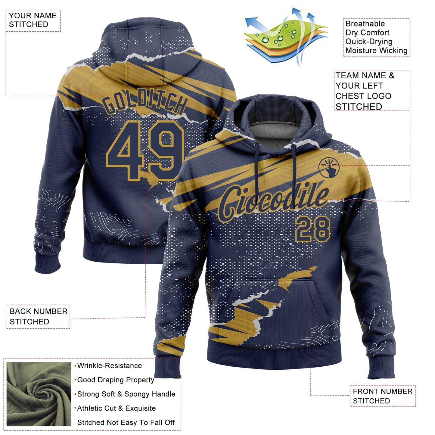 Custom Stitched Navy Old Gold 3D Pattern Design Torn Paper Style Sports Pullover Sweatshirt Hoodie view 2