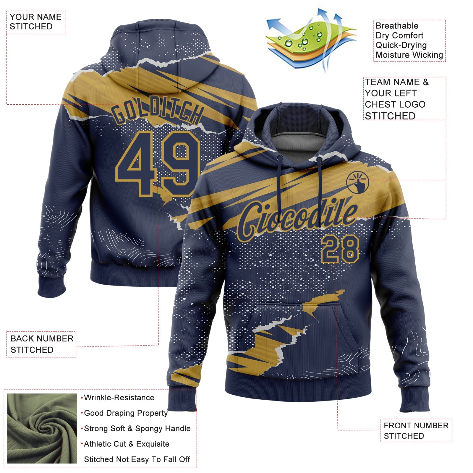 Custom Stitched Navy Old Gold 3D Pattern Design Torn Paper Style Sports Pullover Sweatshirt Hoodie view 2