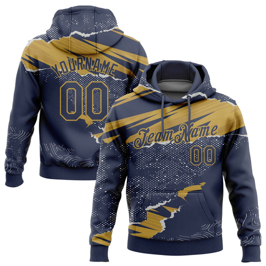 Custom Stitched Navy Old Gold 3D Pattern Design Torn Paper Style Sports Pullover Sweatshirt Hoodie - Main View
